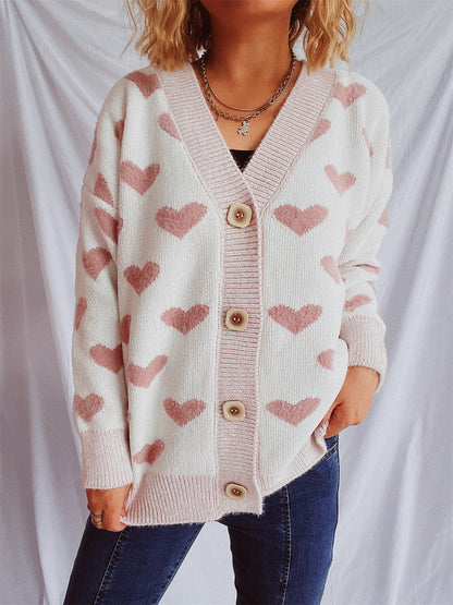 Damen Strickjacke Herzförmiges Muster Knöpfe
