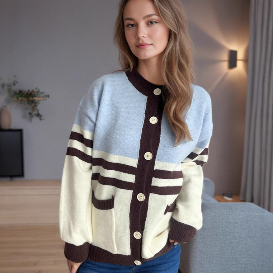 Damen Strickjacke Streifenmuster Große Knöpfe
