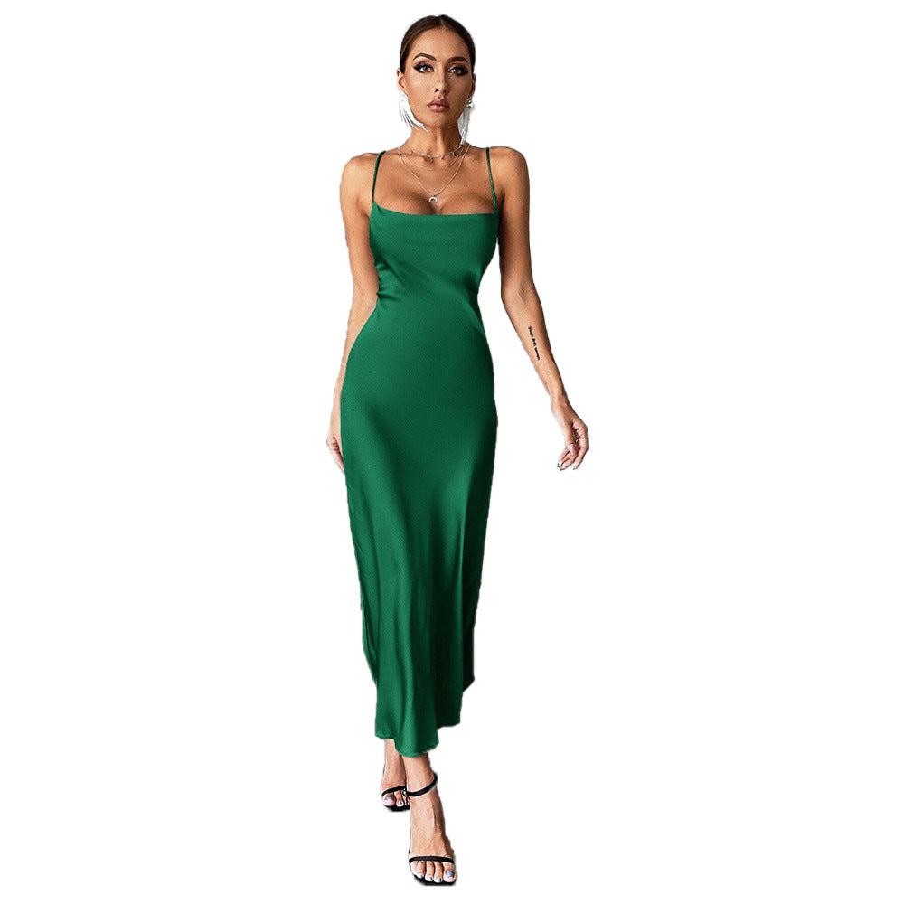 Damen Satin Maxikleid Spaghetti-Träger Fließend Eveloria