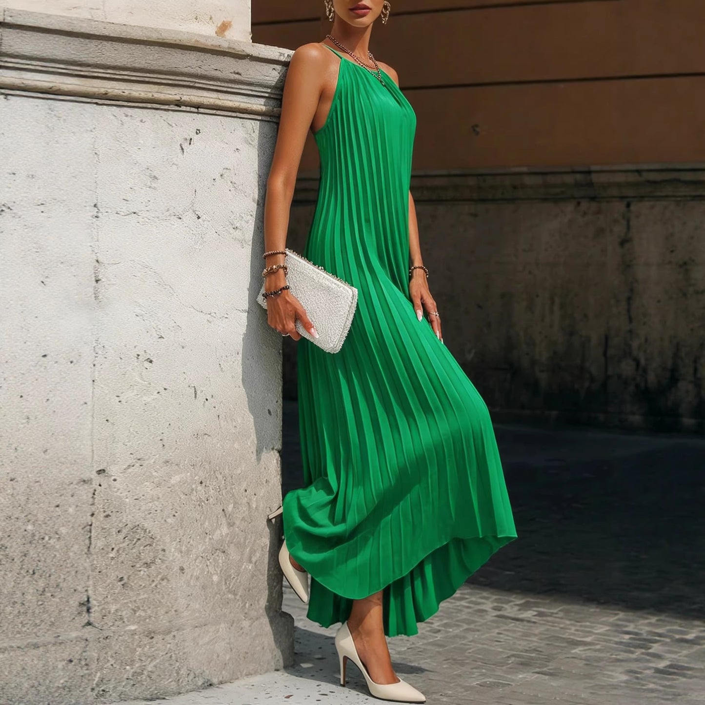 Damen Maxikleid Plissiert Verstellbare Träger Eveloria