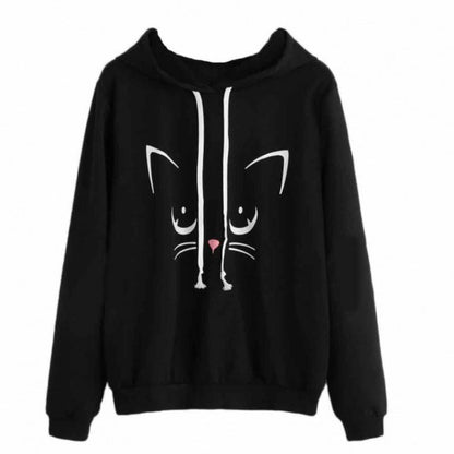 Damen Kapuzenpullover Katzengesicht Kängurutasche Grau