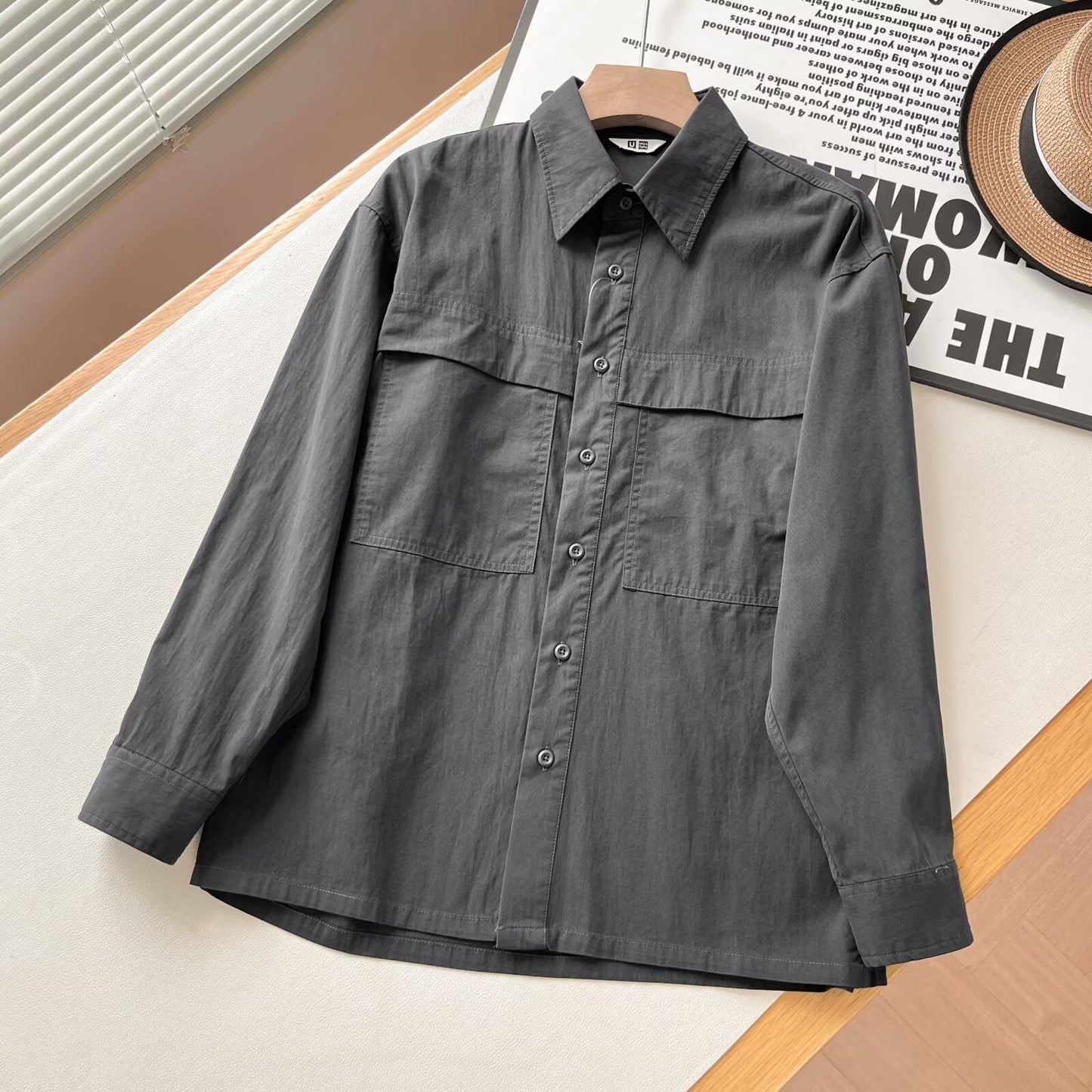 Damen Overshirt Lässig Baumwolle Brusttaschen Beige