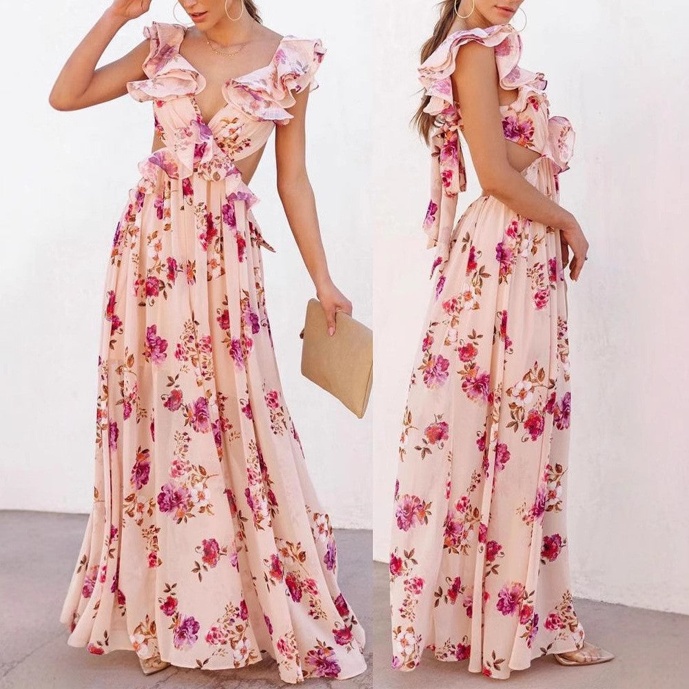 Damen Maxikleid Florale Rüschendetails V-Ausschnitt Eveloria - Eveloria