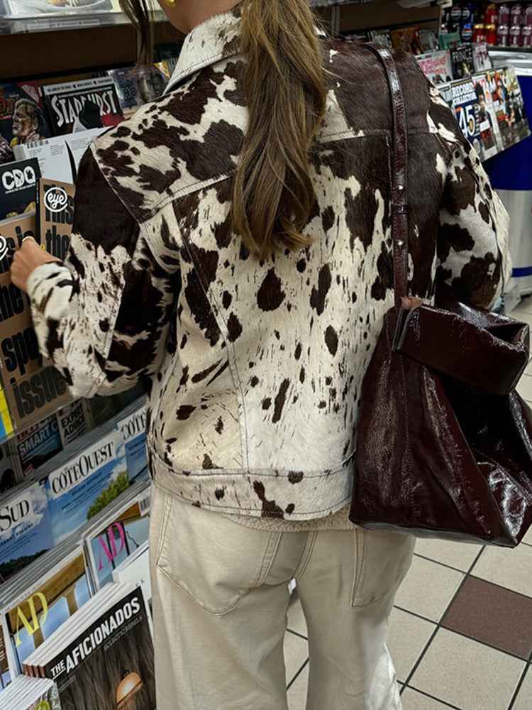 Damen Kuhfleck-Jacke Reverskragen Druckknöpfe Braun