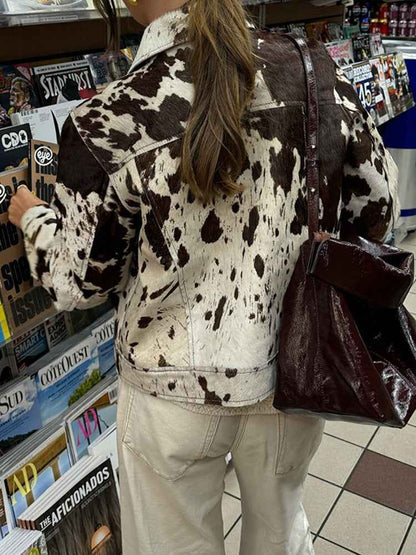 Damen Kuhfleck-Jacke Reverskragen Druckknöpfe Braun