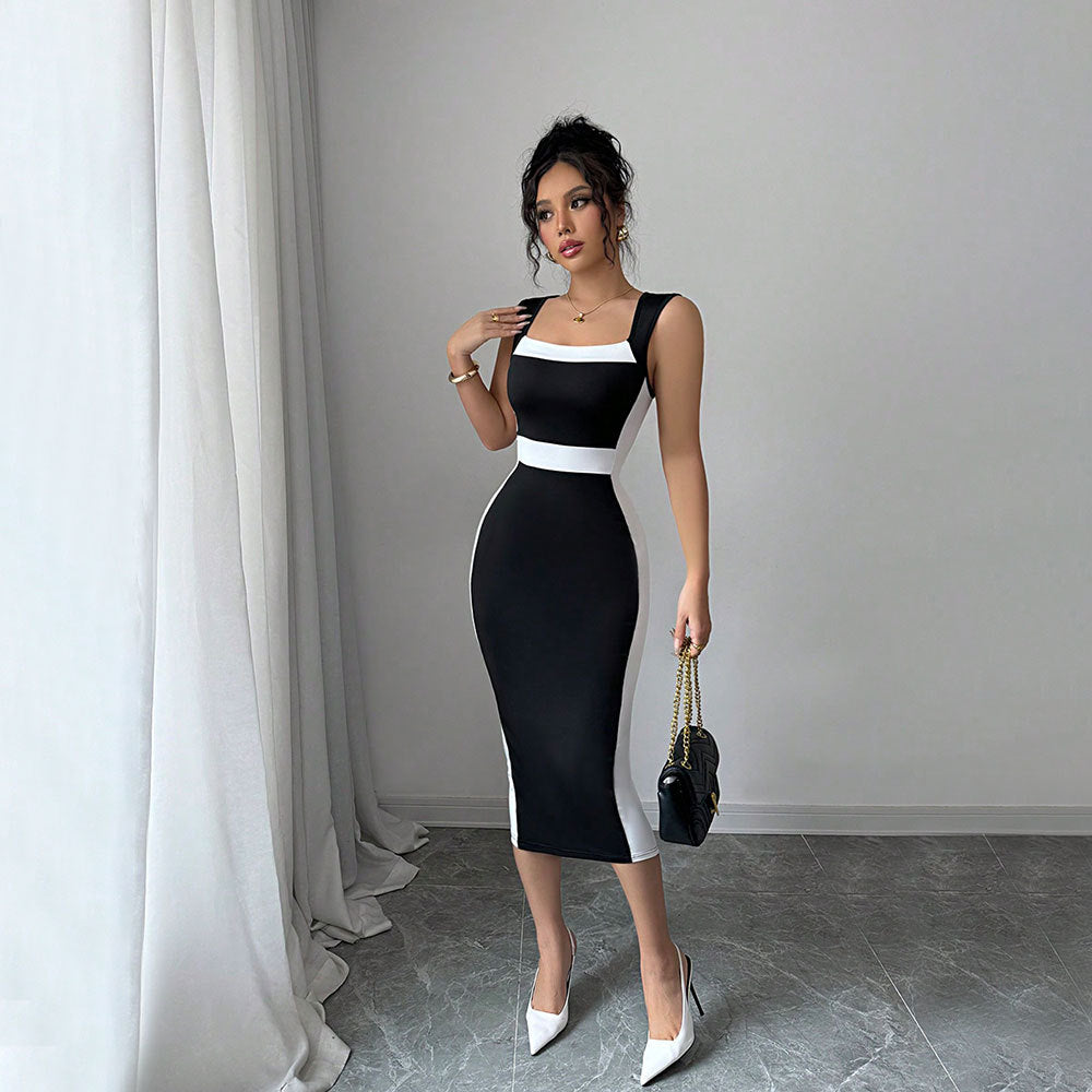Eveloria Damen Midi-Kleid Figurbetont Kontrastschnitt