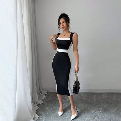 Eveloria Damen Midi-Kleid Figurbetont Kontrastschnitt