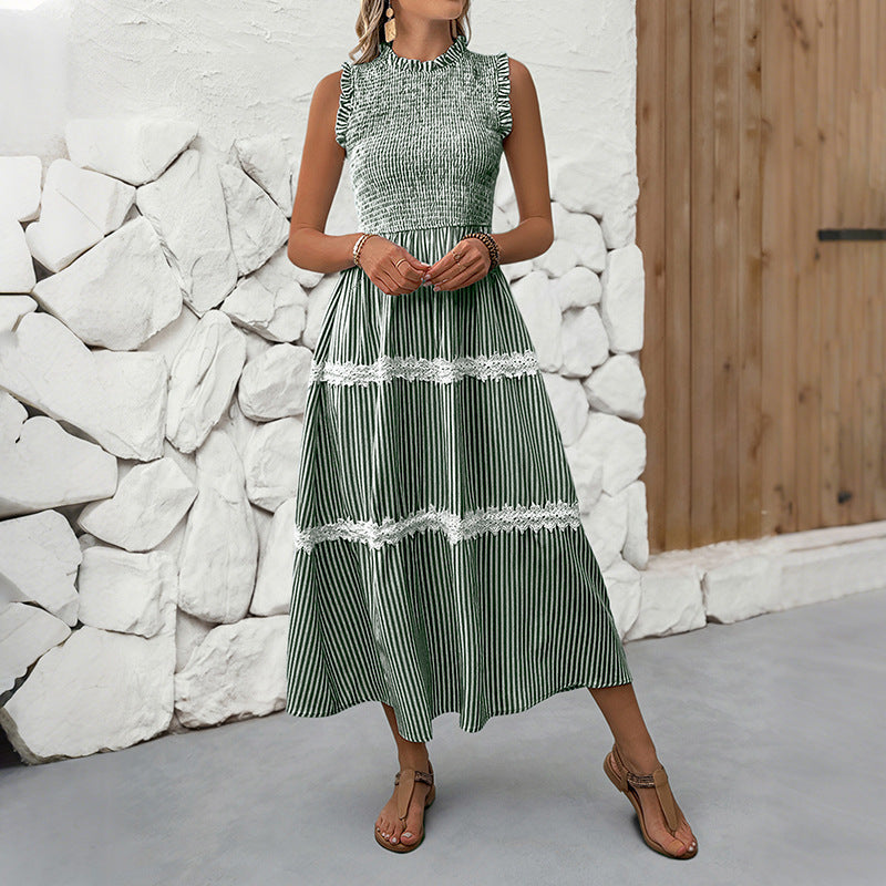 Damen Maxikleid Gestreift Voluminöse Rüschen Weiss
