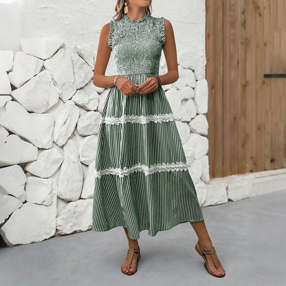 Damen Maxikleid Gestreift Voluminöse Rüschen Weiss