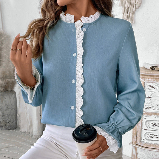 Damen Bluse Rüschen Knopf Detail Eleganz - Eveloria