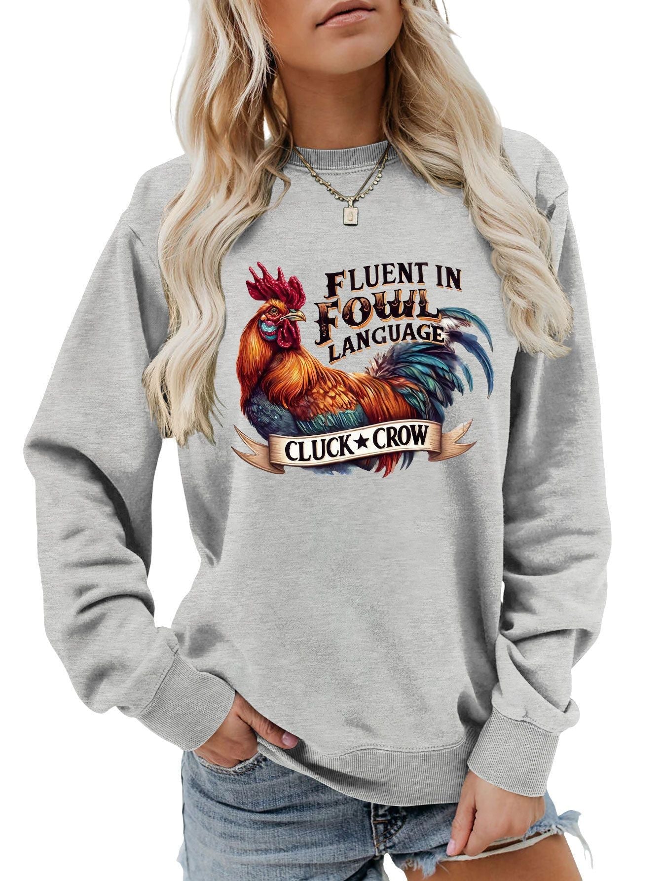 Damen Sweatshirt Hühnermotiv Bequem Grau Eveloria