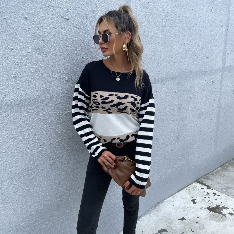Damen Pullover mit Streifen Ärmeln und Tiermuster