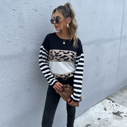 Damen Pullover mit Streifen Ärmeln und Tiermuster
