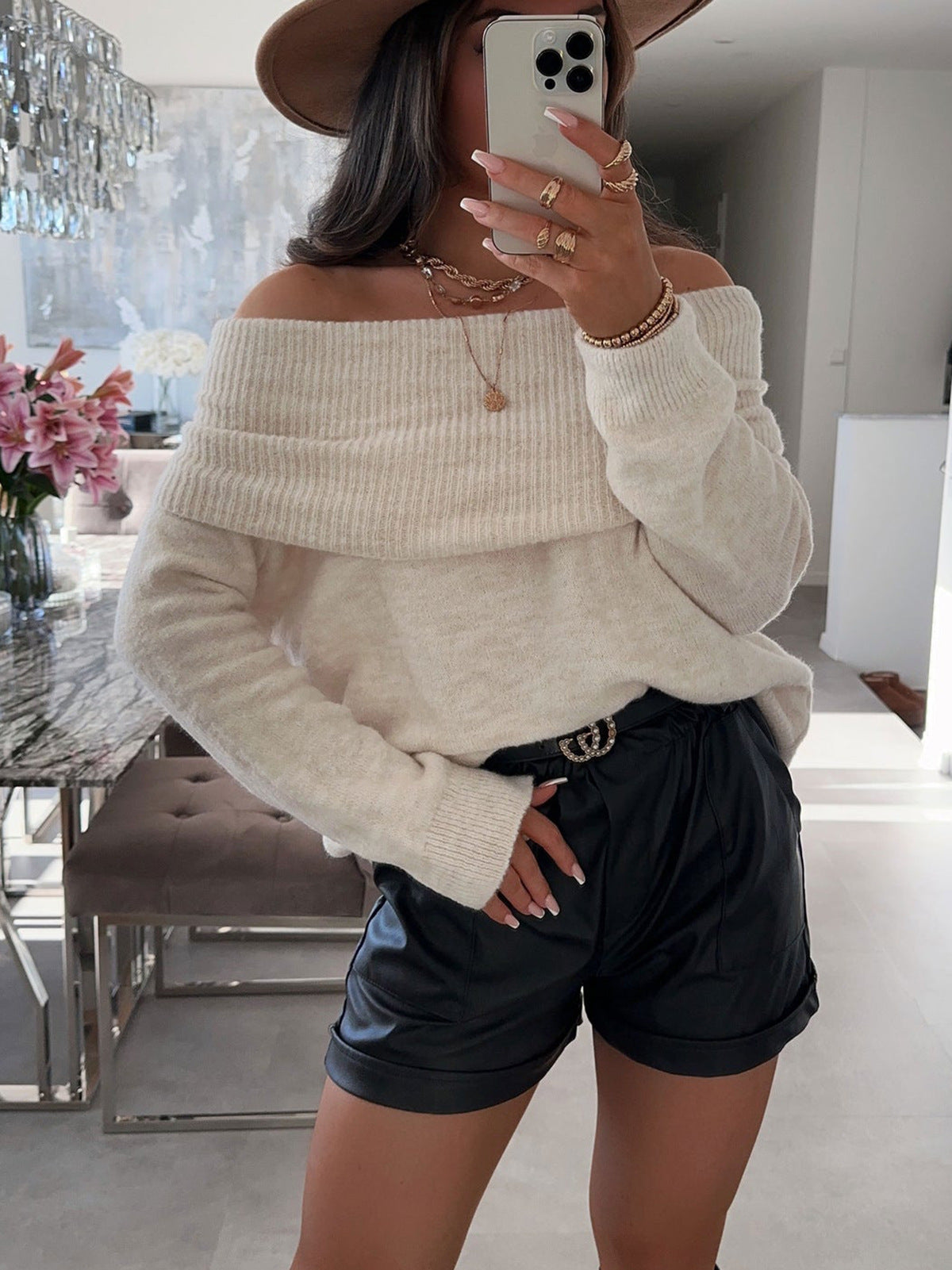 Damen Pullover Off-Shoulder Weich Rippdetails Beige