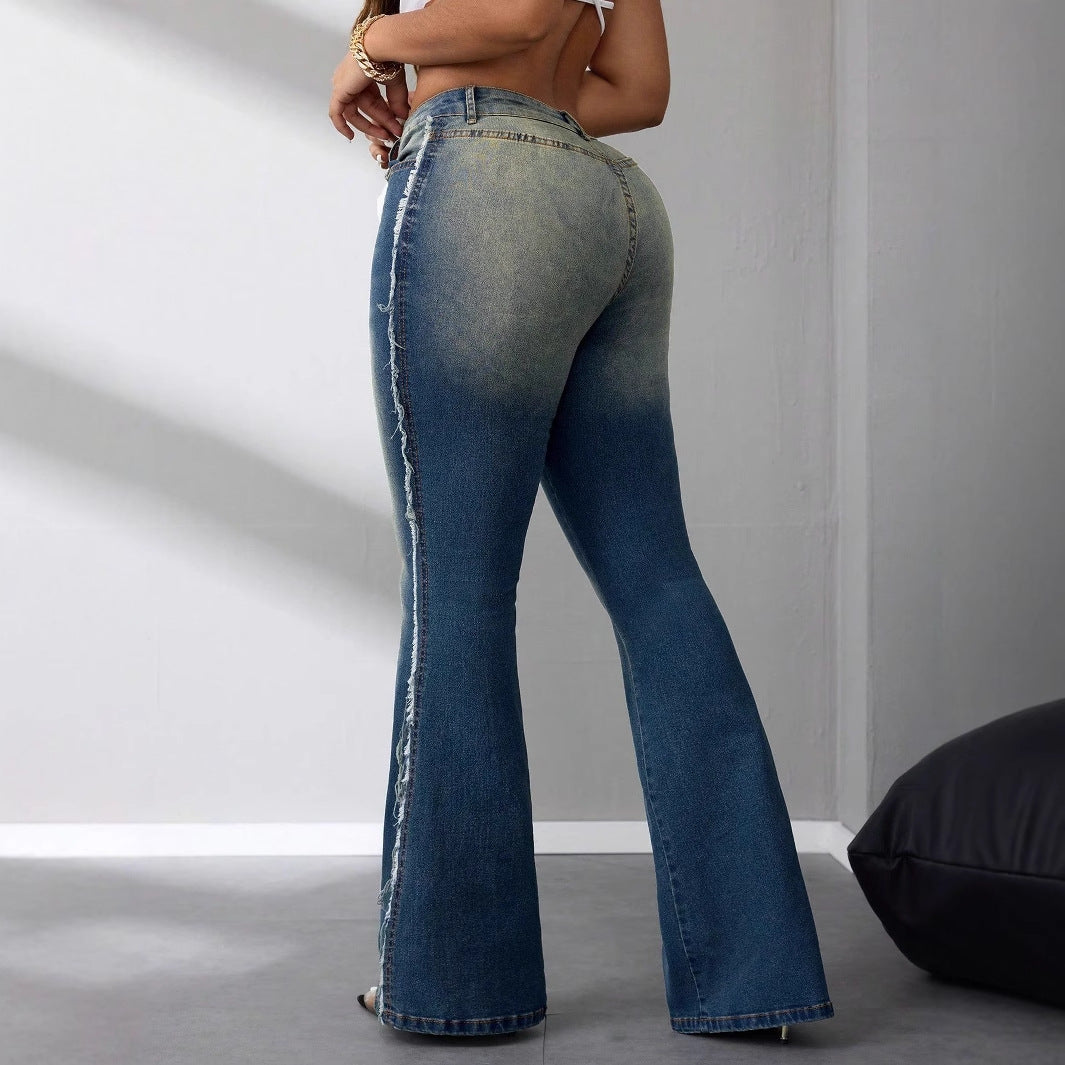 Damen Bootcut Jeans Hohes Bund Leichter Denim Fransen Details