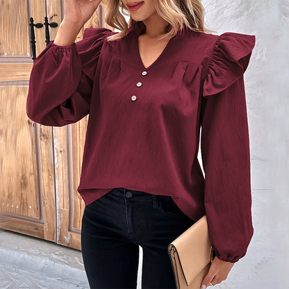 Damen Bluse Rüschenärmel Knopfdetails Eveloria