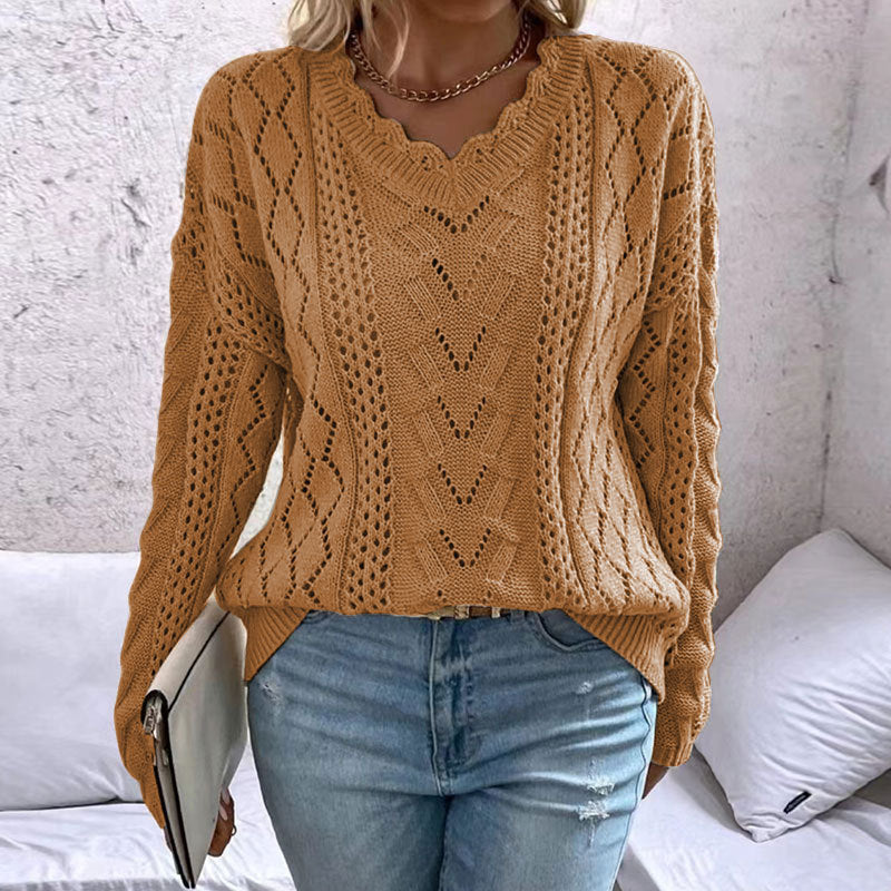 Damen Strickpullover V-Ausschnitt Raffinierte Netzstruktur