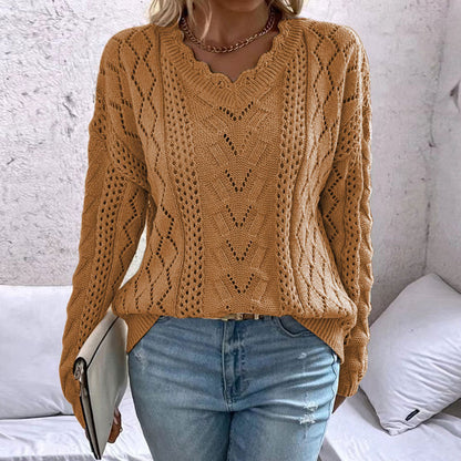 Damen Strickpullover V-Ausschnitt Raffinierte Netzstruktur