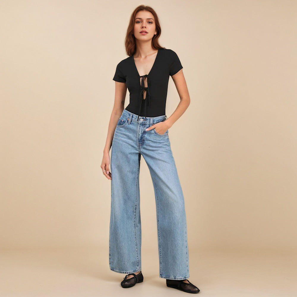 Damen Bodysuit V-Ausschnitt Bauchfrei mit Binde-details