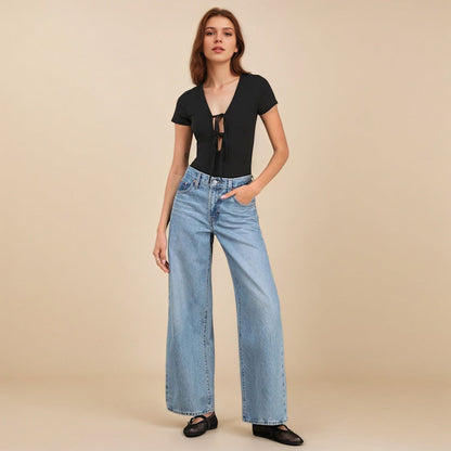 Damen Bodysuit V-Ausschnitt Bauchfrei mit Binde-details