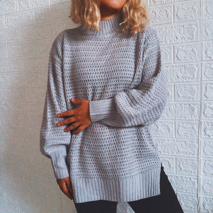 Damen Strickpullover Hochkragen Volumärmel Grau Eveloria - Eveloria