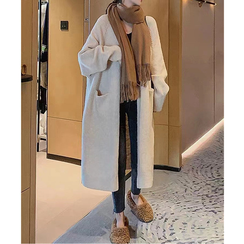 Damen Oversized Strickmantel Lässig Mit Taschen Beige