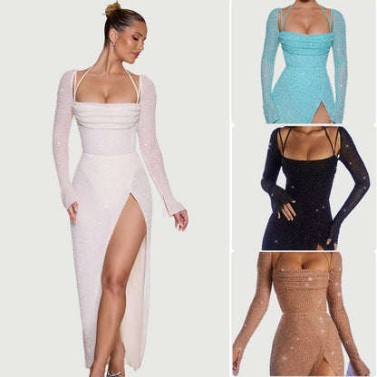 Damen Maxikleid Schimmerndes Kleid mit Seitenschlitz Schwarz - Eveloria