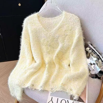 Damen Pullover Kuschelfleece Floralmuster Beige