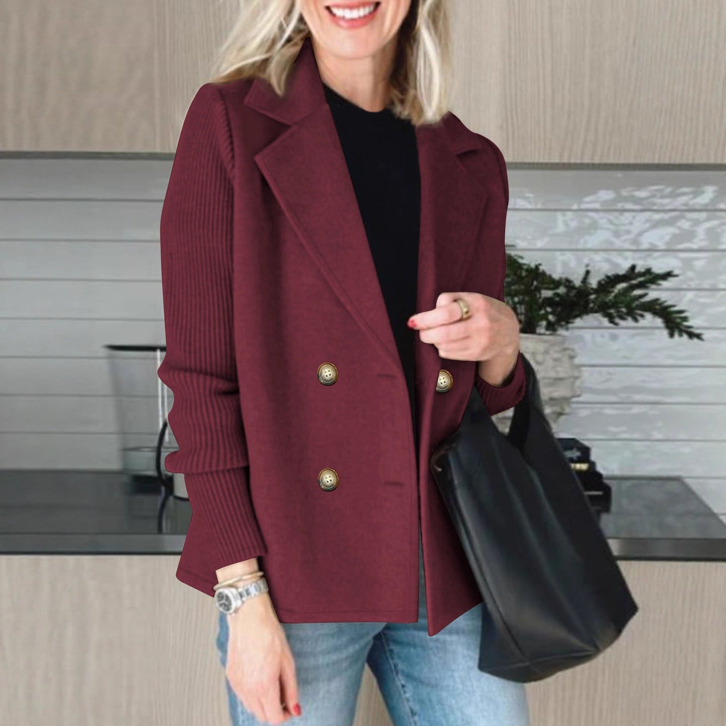 Damen Oversized Blazer Doppelter Knopfleiste Strukturierte Ärmel