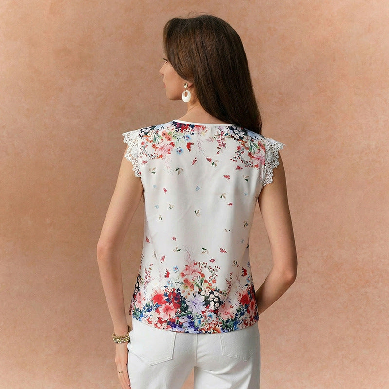 Damen Bluse Floralmuster Spitzenbesatz Eveloria