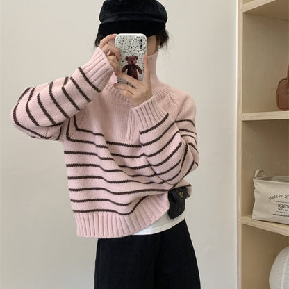 Damen Strickpullover Sportlicher Kragen Streifenmuster Eveloria
