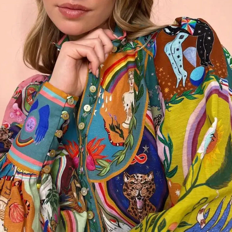 Damen Midikleid Tier- und Blumenmuster Weite Ärmel Bunt