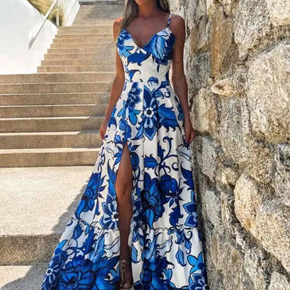Damen Maxikleid Floralmuster Hochschlitz Eveloria