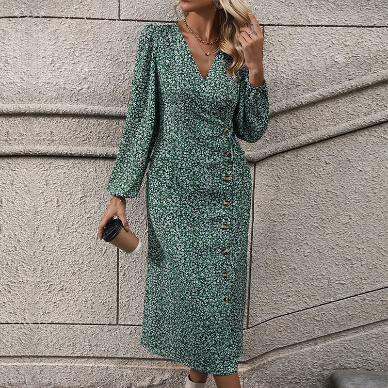 Damen Wickelkleid Florales Muster Knöpfe Eveloria