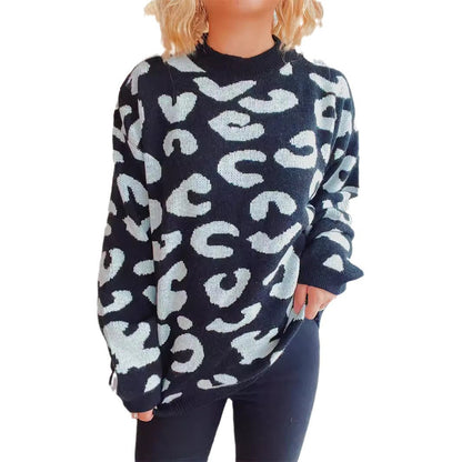 Damen Oversized Pullover Leopardenmuster Rundhalsausschnitt
