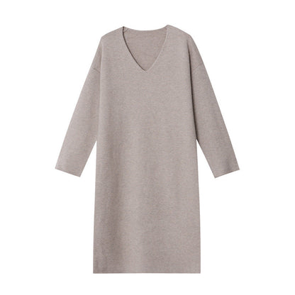 Damen Strickkleid V-Ausschnitt Ärmelaufschläge Elegant