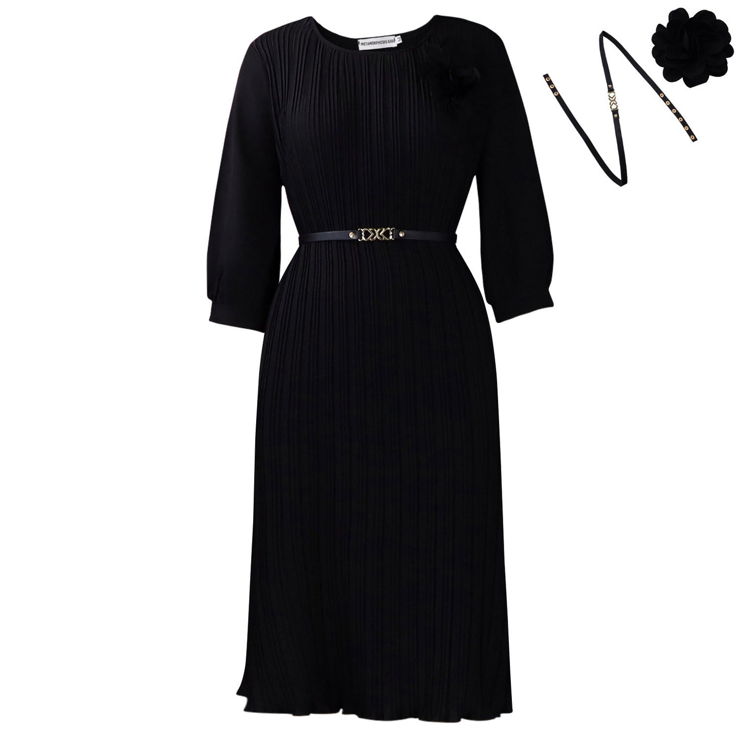 Damen Midi-Kleid Plissee Blumenapplikation Abnehmbarer Gürtel Eveloria