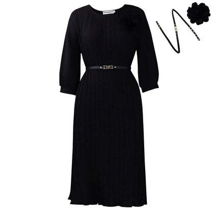 Damen Midi-Kleid Plissee Blumenapplikation Abnehmbarer Gürtel Eveloria
