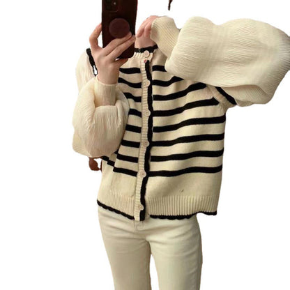 Damen Strickjacke Voluminöse Ärmel Gestreift