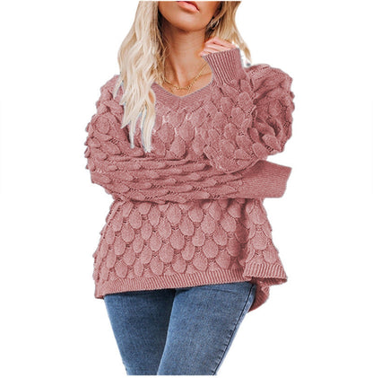 Damen Grobstrickpullover V-Ausschnitt Wellenmuster Eveloria