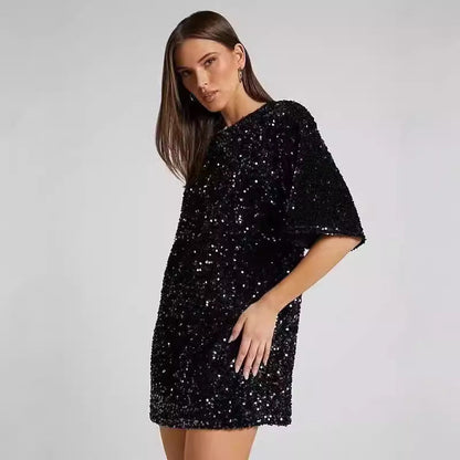 Damen Pailletten-Kleid Lockere Ärmel Rundhalsausschnitt