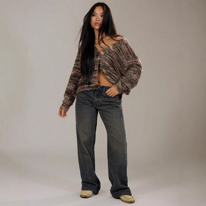Damen Strickpullover V-Ausschnitt Luftig Farbverlauf