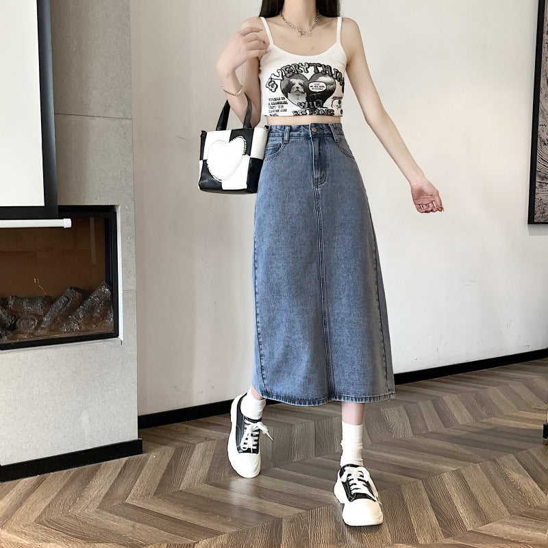 Damen Denimrock Midi mit Vorderschlitz Blau Eveloria