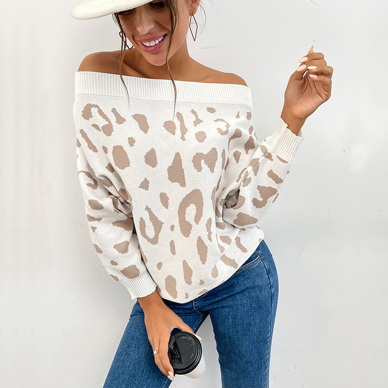 Damen Pullover Off-Shoulder Leopardenmuster