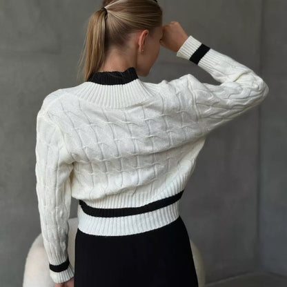 Damen Cropped Strickpullover V-Ausschnitt Kontrastdetails
