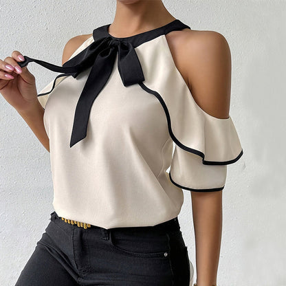 Damen Oberteil Rüschendetails Schleifen-Ausschnitt Elegantes Design