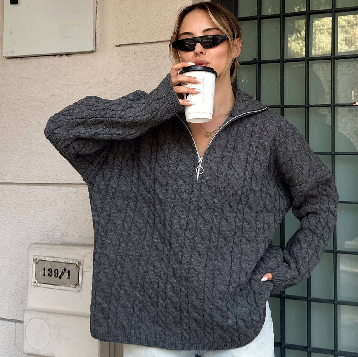 Damen Strickpullover Doppelreißverschluss Hochkragen Eveloria - Eveloria