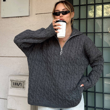 Damen Strickpullover Stehkragen Reißverschluss Grau