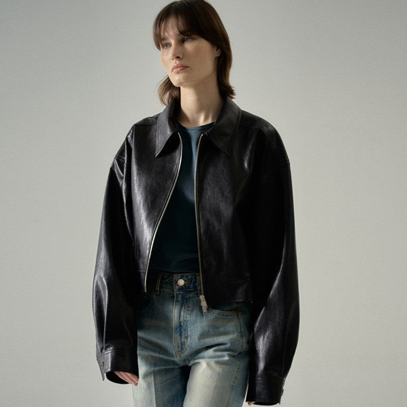 Damen Lederjacke Weit Schnitt Moderner Kragen Schwarz Eveloria - Eveloria