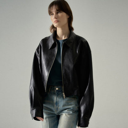 Damen Lederjacke Weit Schnitt Moderner Kragen Schwarz Eveloria - Eveloria